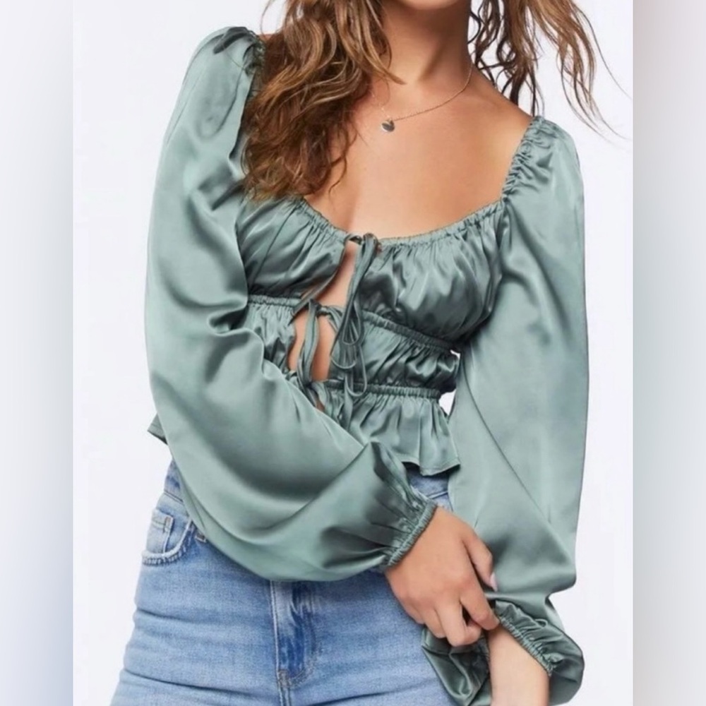 Satin Tie-Front Smocked Blouse - Sage Green